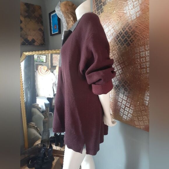Zara Wool Blend Burgundy Polo Style Sweater with Gray Collar - Picture 7 of 14